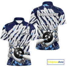 Load image into Gallery viewer, Blue and white grunge bowling ball and pins shirt for men custom bowling team jersey
