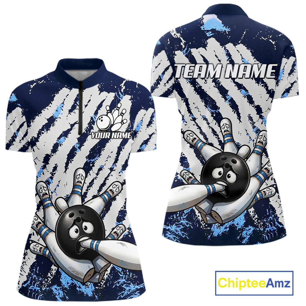 Blue and white grunge bowling ball and pins shirt for women custom bowling team jersey