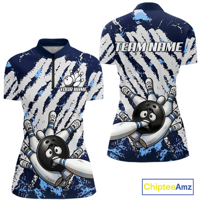 Blue and white grunge bowling ball and pins shirt for women custom bowling team jersey