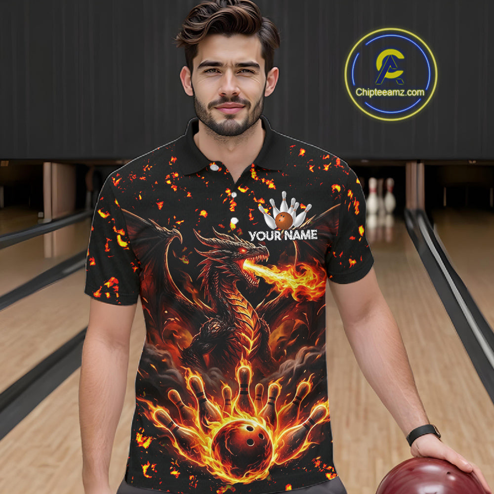 Fire Flame Dragon Bowling Polo Quarter Zip Shirts For Men Custom Team Bowling Jerseys | Red NYN3450