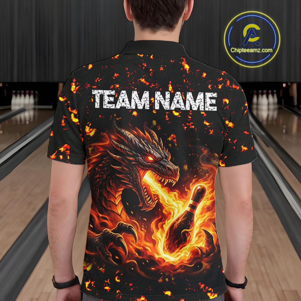 Fire Flame Dragon Bowling Polo Quarter Zip Shirts For Men Custom Team Bowling Jerseys | Red NYN3450