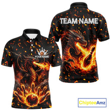 Load image into Gallery viewer, Fire flame dragon bowling polo quarter zip shirt for men red bowling team jersey
