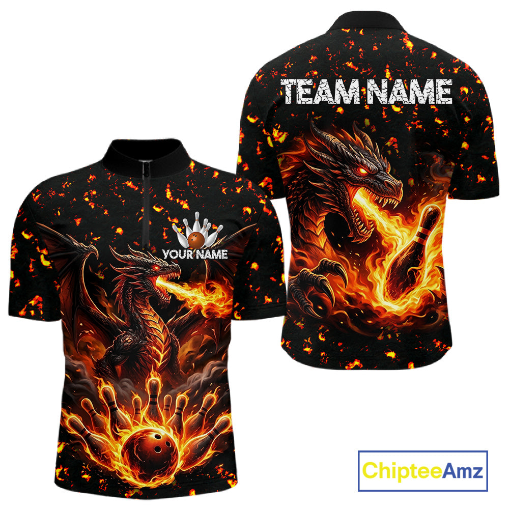 Fire flame dragon bowling polo quarter zip shirt for men red bowling team jersey
