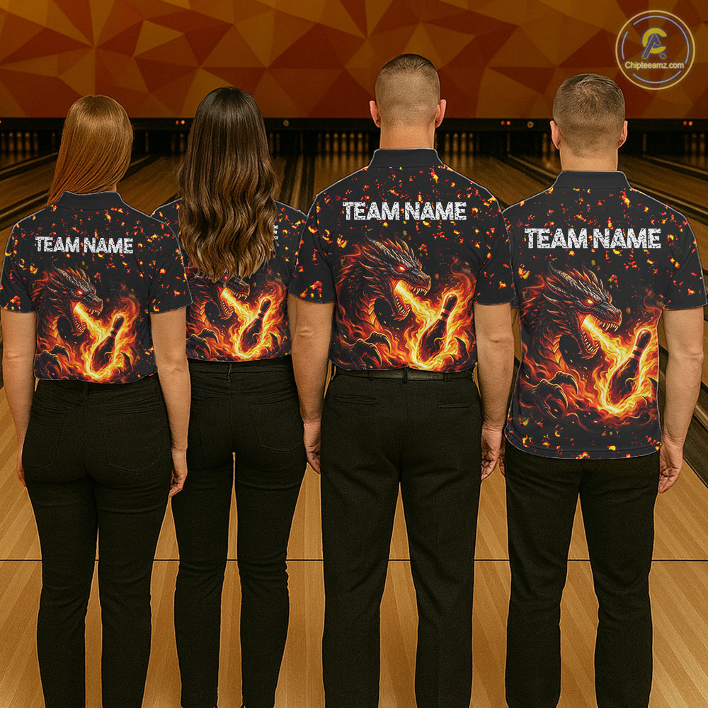 Fire Flame Dragon Bowling Polo Quarter Zip Shirts For Men Custom Team Bowling Jerseys | Red NYN3450