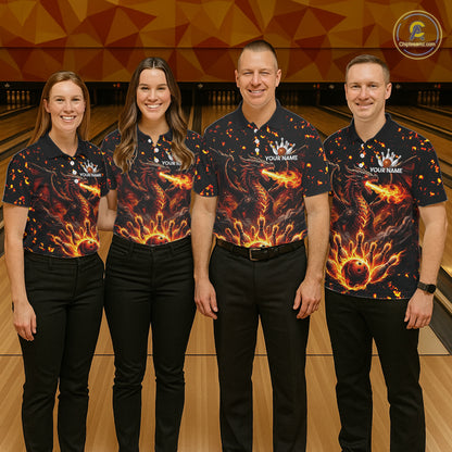 Fire Flame Dragon Bowling Polo Quarter Zip Shirts For Men Custom Team Bowling Jerseys | Red NYN3450