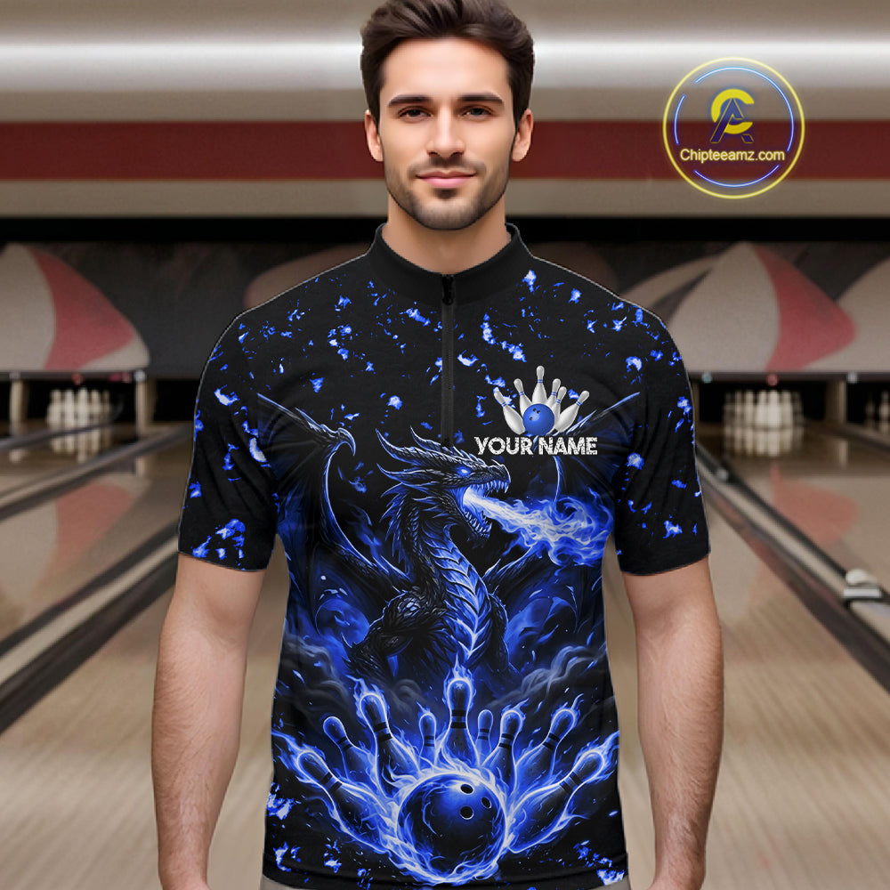 Fire Flame Dragon Bowling Polo Quarter Zip Shirts For Men Custom Team Bowling Jerseys | Blue NYN3451