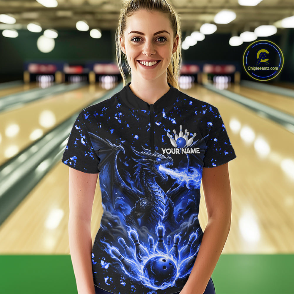 Fire Flame Dragon Bowling Polo Quarter Zip Shirts For Women Custom Team Bowling Jerseys | Blue NYN3451
