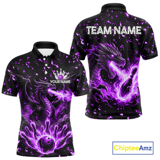 Fire flame dragon bowling polo quarter zip shirt for men purple bowling team jersey
