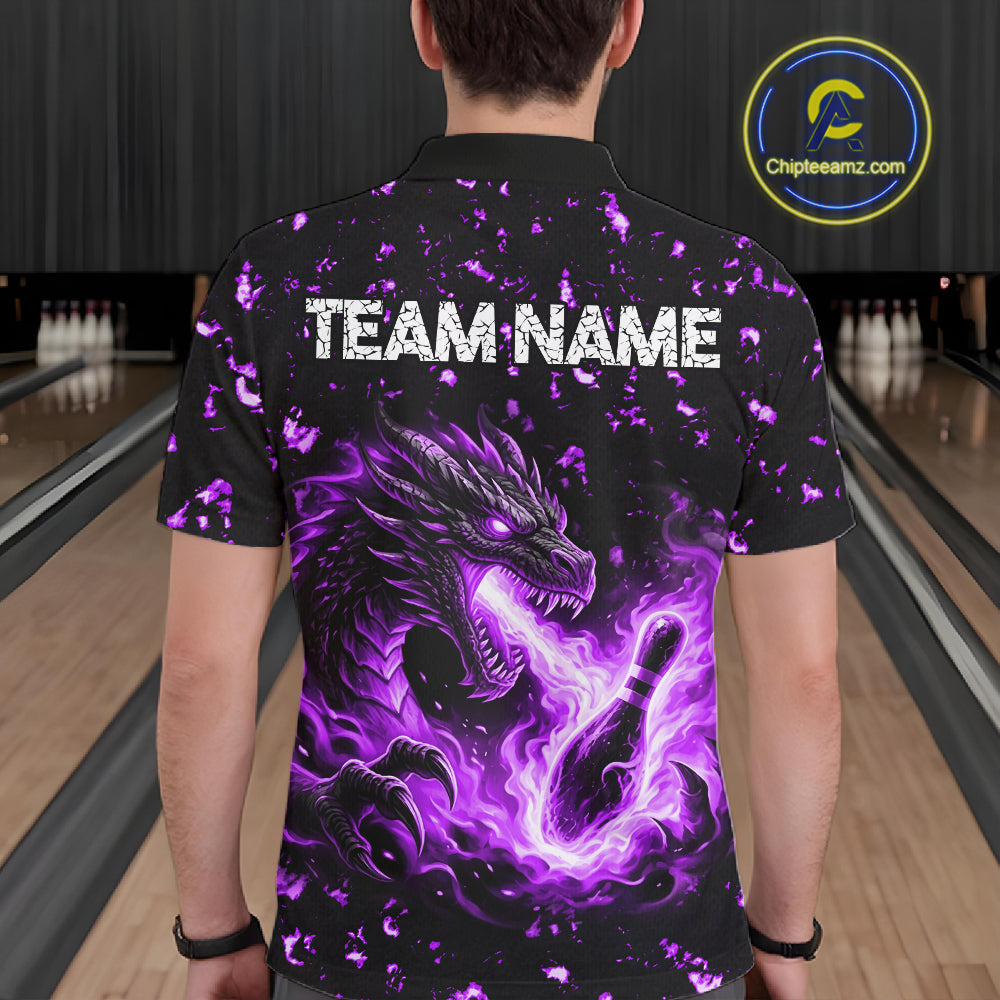 Fire Flame Dragon Bowling Polo Quarter Zip Shirts For Men Custom Team Bowling Jerseys | Purple NYN3452