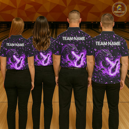 Fire Flame Dragon Bowling Polo Quarter Zip Shirts For Men Custom Team Bowling Jerseys | Purple NYN3452