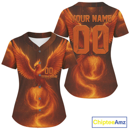 Custom Orange Flames Phoenix Baseball Ball Jersey For Women Youth Baseball Team Shirt NYN0973