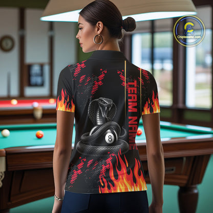 Red Fire Flame Cobra 8 Ball Pool Shirt For Women Custom Billiard League Team Polo & 1/4 Zip Jersey NYN4020