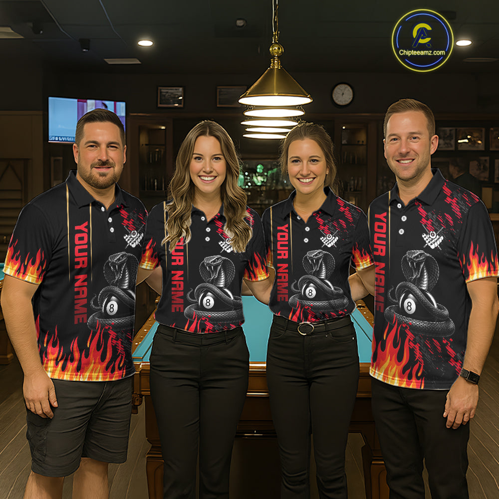 Red Fire Flame Cobra 8 Ball Pool Shirt For Men Custom Billiard League Team Polo & 1/4 Zip Jersey NYN4020