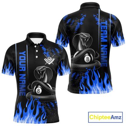 Blue Fire Flame Cobra 8 Ball Pool Shirt For Men Custom Billiard League Team Polo & 1/4 Zip Jersey NYN4021
