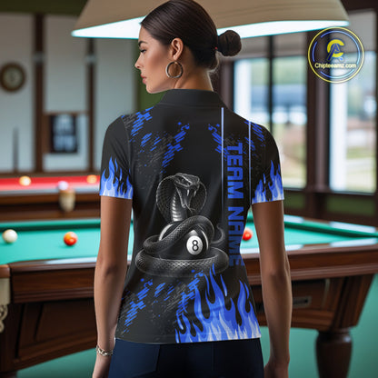 Blue Fire Flame Cobra 8 Ball Pool Shirt For Women Custom Billiard League Team Polo & 1/4 Zip Jersey NYN4021
