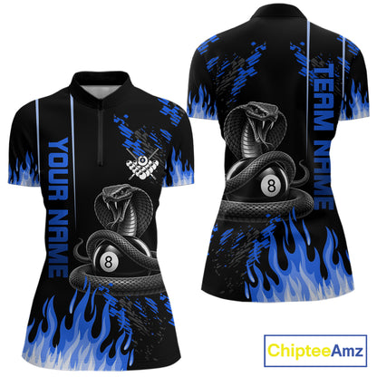 Blue Fire Flame Cobra 8 Ball Pool Shirt For Women Custom Billiard League Team Polo & 1/4 Zip Jersey NYN4021