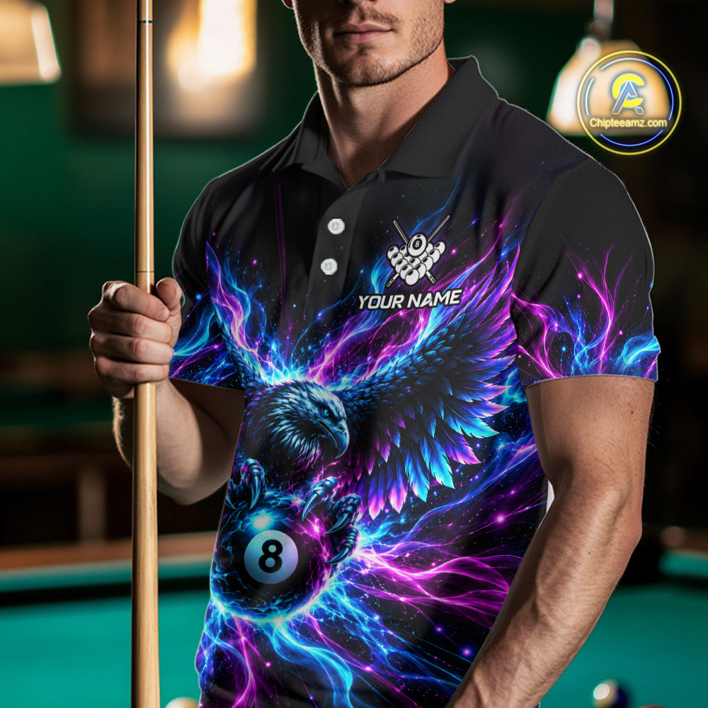 Neon Eagle Mens Billiard Polo 1/4-Zip Shirt Personalized Pink & Blue Fire 8 Ball Billiard Team Jersey NYN4770