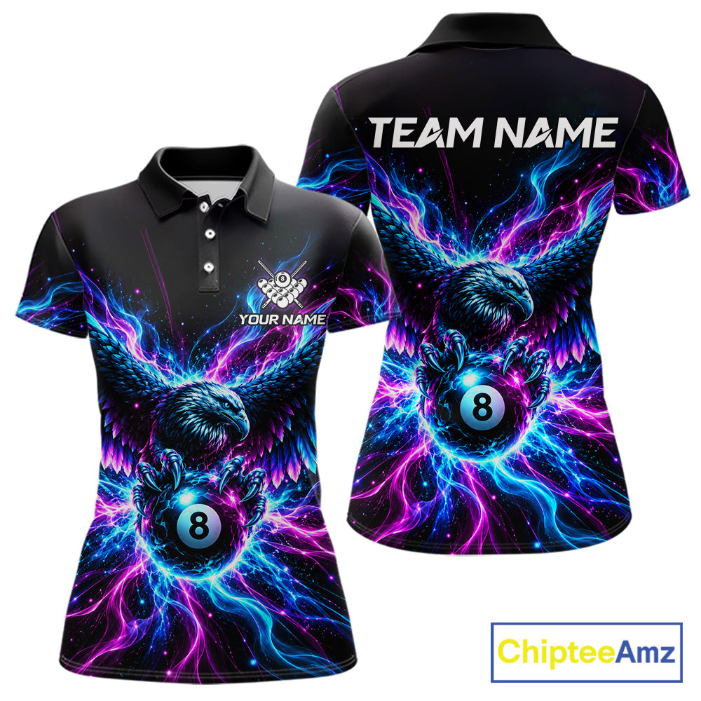 Neon Eagle Women Billiard Polo 1/4-Zip Shirt Personalized Pink & Blue Fire 8 Ball Billiard Team Jersey NYN4770
