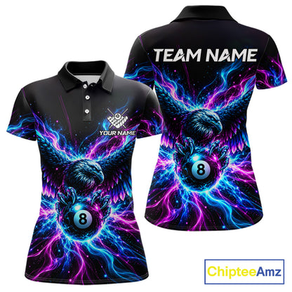 Neon Eagle Women Billiard Polo 1/4-Zip Shirt Personalized Pink & Blue Fire 8 Ball Billiard Team Jersey NYN4770