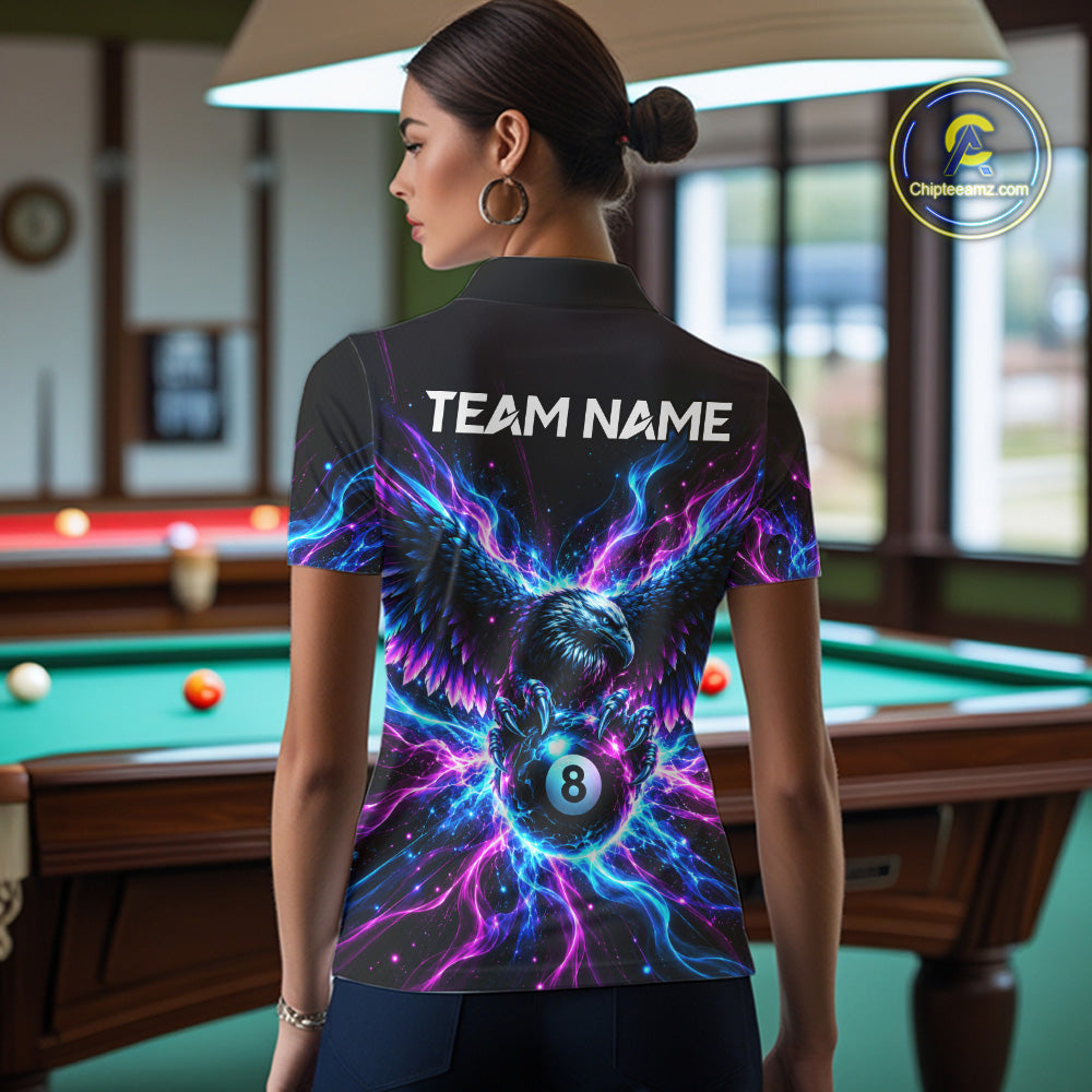Neon Eagle Women Billiard Polo 1/4-Zip Shirt Personalized Pink & Blue Fire 8 Ball Billiard Team Jersey NYN4770