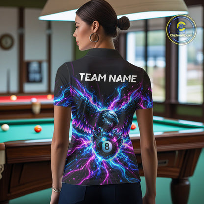 Neon Eagle Women Billiard Polo 1/4-Zip Shirt Personalized Pink & Blue Fire 8 Ball Billiard Team Jersey NYN4770