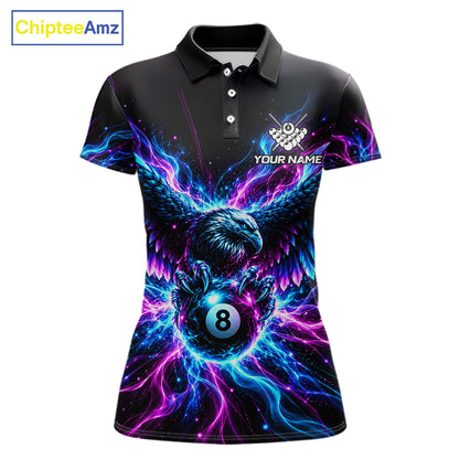 Neon Eagle Women Billiard Polo 1/4-Zip Shirt Personalized Pink & Blue Fire 8 Ball Billiard Team Jersey NYN4770