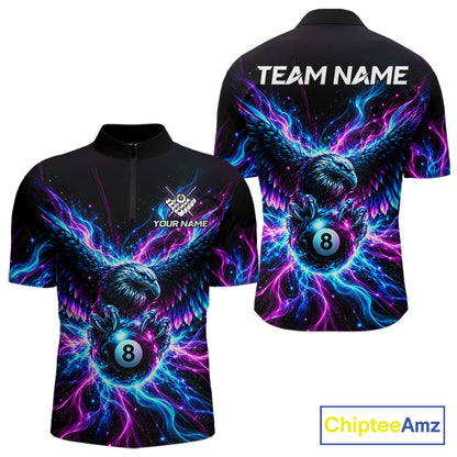 Neon Eagle Mens Billiard Polo 1/4-Zip Shirt Personalized Pink & Blue Fire 8 Ball Billiard Team Jersey NYN4770