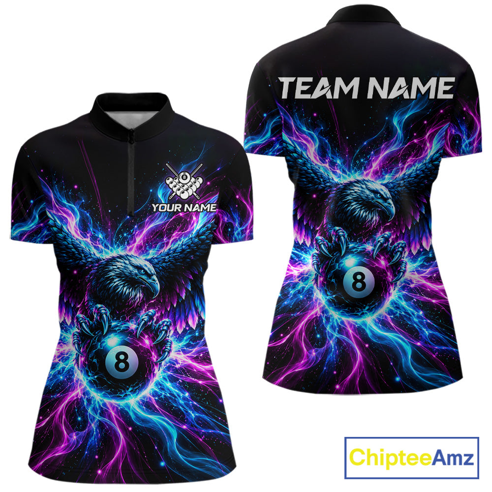 Neon Eagle Women Billiard Polo 1/4-Zip Shirt Personalized Pink & Blue Fire 8 Ball Billiard Team Jersey NYN4770