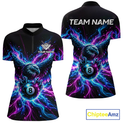 Neon Eagle Women Billiard Polo 1/4-Zip Shirt Personalized Pink & Blue Fire 8 Ball Billiard Team Jersey NYN4770