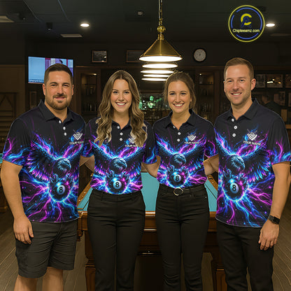 Neon Eagle Women Billiard Polo 1/4-Zip Shirt Personalized Pink & Blue Fire 8 Ball Billiard Team Jersey NYN4770