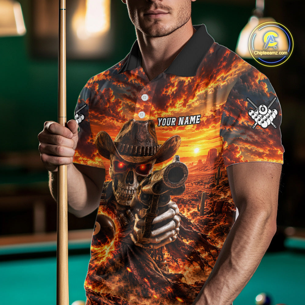 Custom Funny Cowboy Skull 8-Ball Billiard Jersey For Men Skeleton Sunset Pool Team Billiard Shirt NYN4778