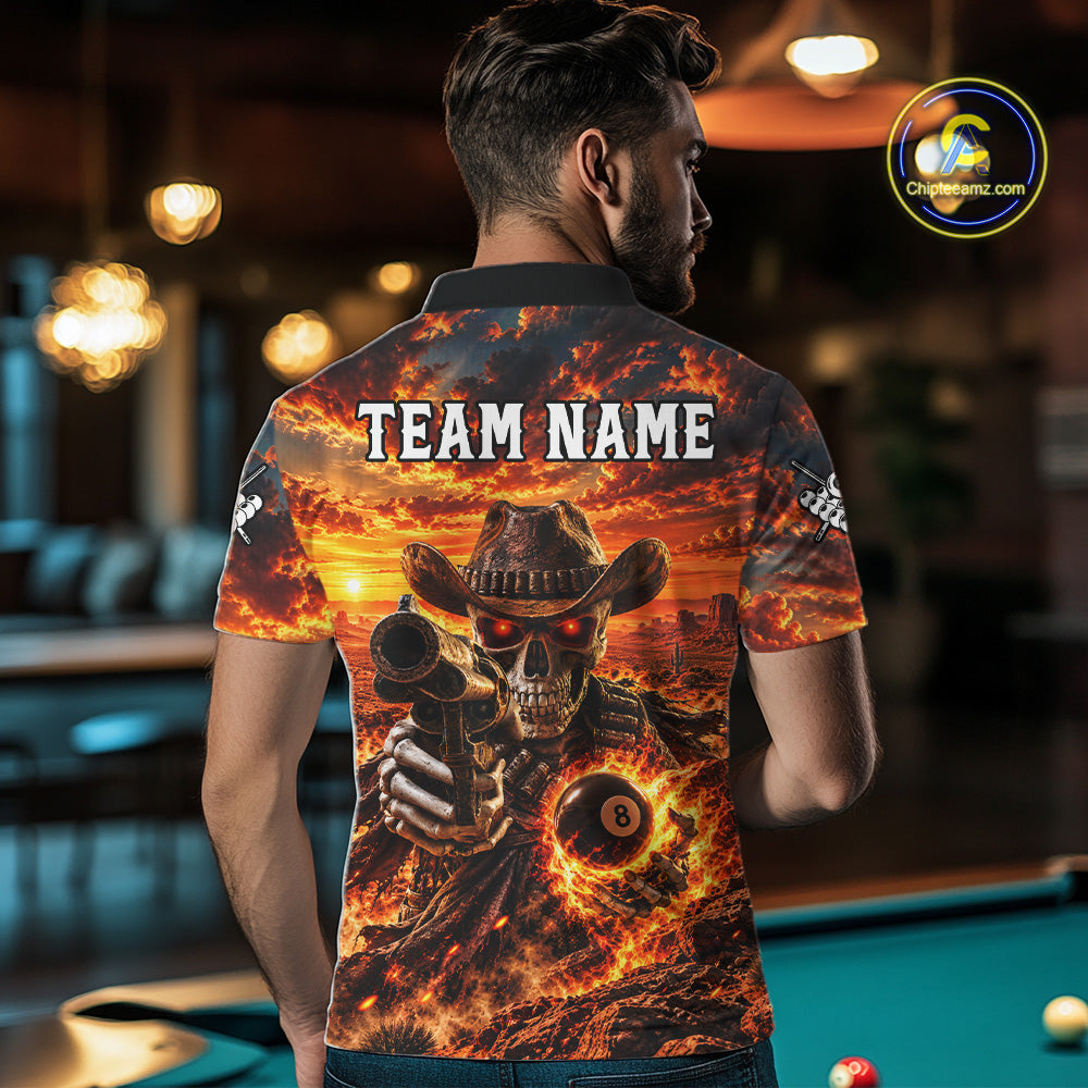 Custom Funny Cowboy Skull 8-Ball Billiard Jersey For Men Skeleton Sunset Pool Team Billiard Shirt NYN4778