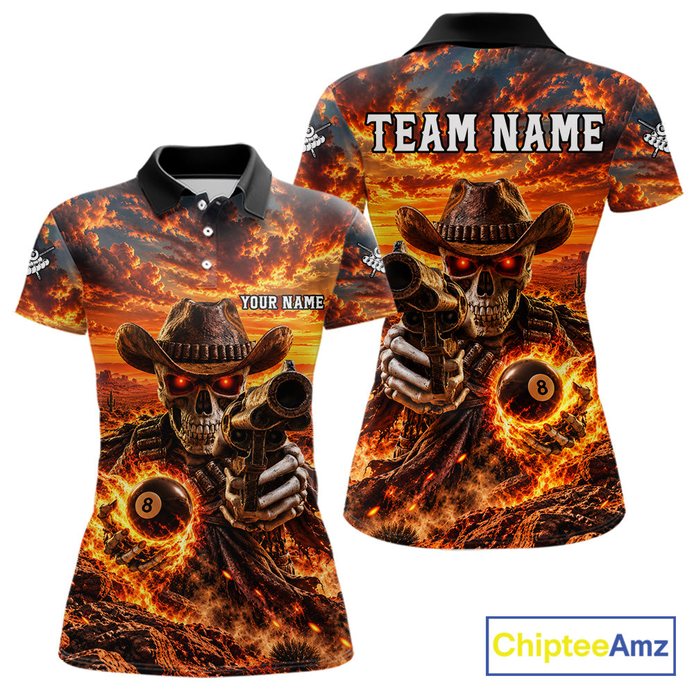 Custom Funny Cowboy Skull 8-Ball Billiard Jersey For Women Skeleton Sunset Pool Team Billiard Shirt NYN4778