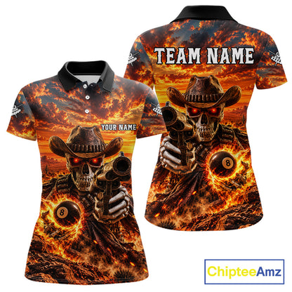 Custom Funny Cowboy Skull 8-Ball Billiard Jersey For Women Skeleton Sunset Pool Team Billiard Shirt NYN4778