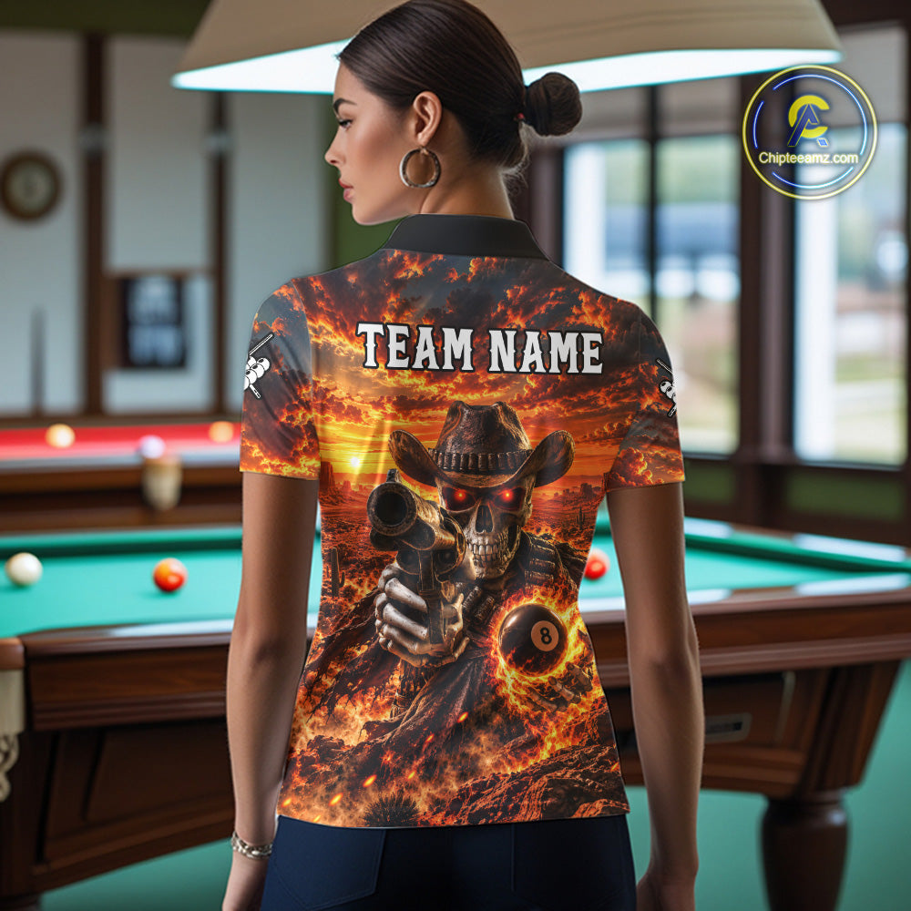 Custom Funny Cowboy Skull 8-Ball Billiard Jersey For Women Skeleton Sunset Pool Team Billiard Shirt NYN4778