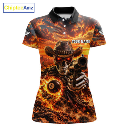 Custom Funny Cowboy Skull 8-Ball Billiard Jersey For Women Skeleton Sunset Pool Team Billiard Shirt NYN4778