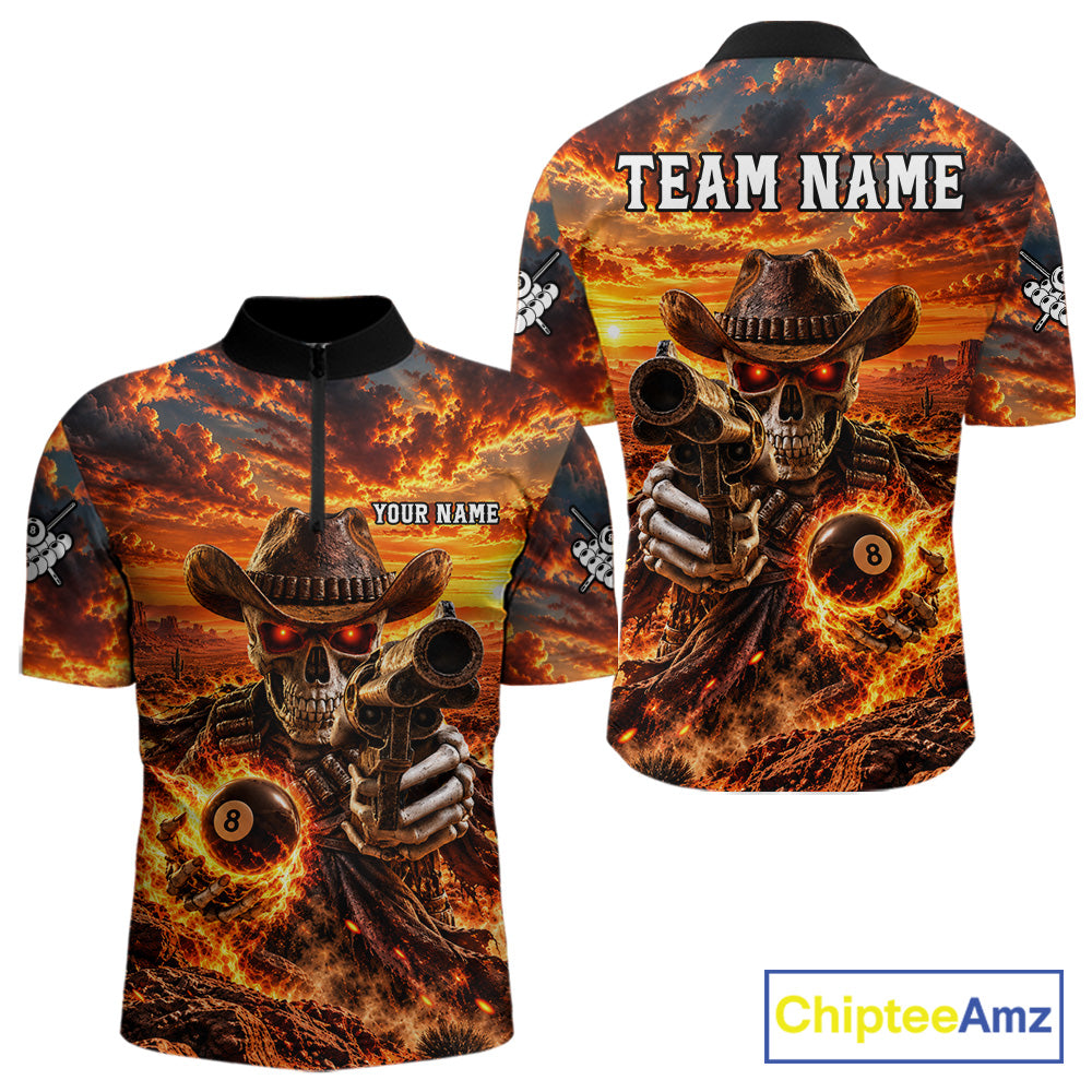 Custom Funny Cowboy Skull 8-Ball Billiard Jersey For Men Skeleton Sunset Pool Team Billiard Shirt NYN4778