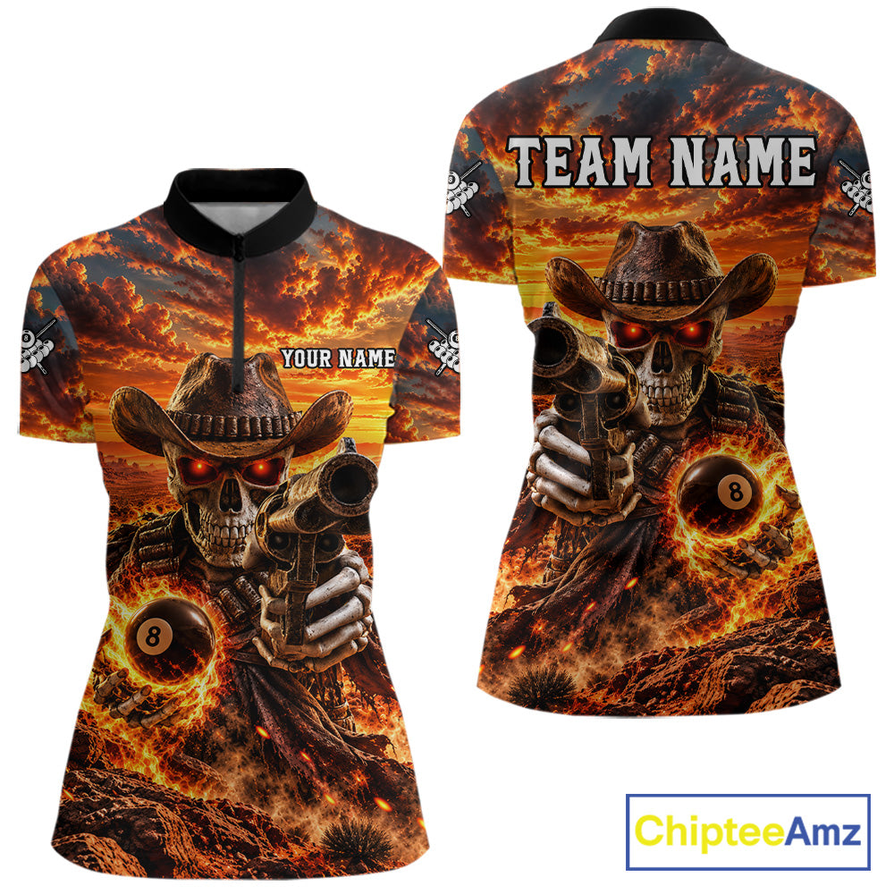 Custom Funny Cowboy Skull 8-Ball Billiard Jersey For Women Skeleton Sunset Pool Team Billiard Shirt NYN4778