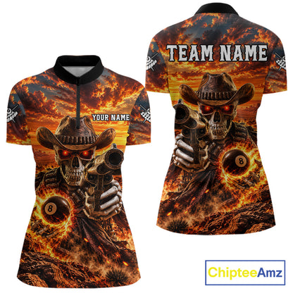 Custom Funny Cowboy Skull 8-Ball Billiard Jersey For Women Skeleton Sunset Pool Team Billiard Shirt NYN4778