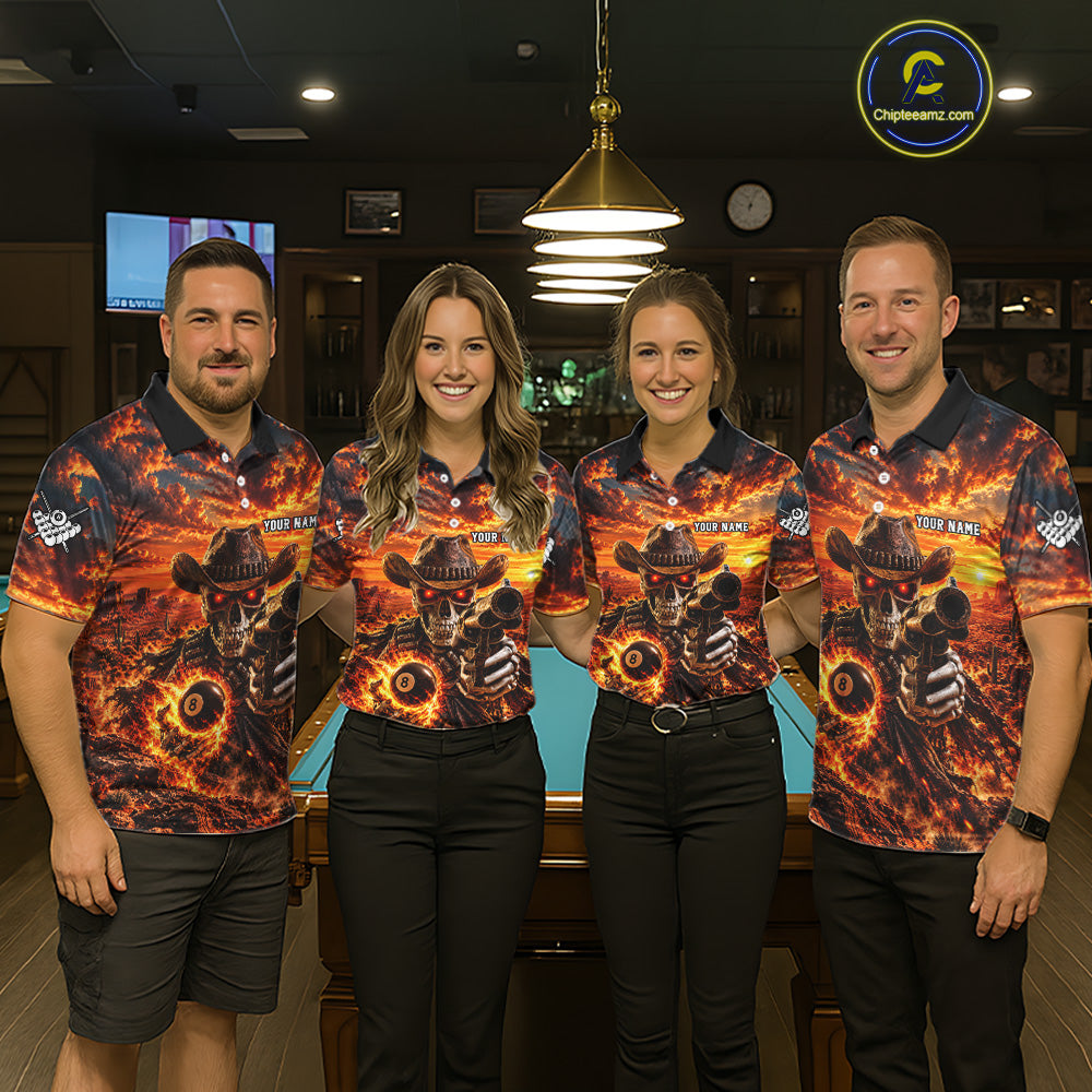 Custom Funny Cowboy Skull 8-Ball Billiard Jersey For Men Skeleton Sunset Pool Team Billiard Shirt NYN4778
