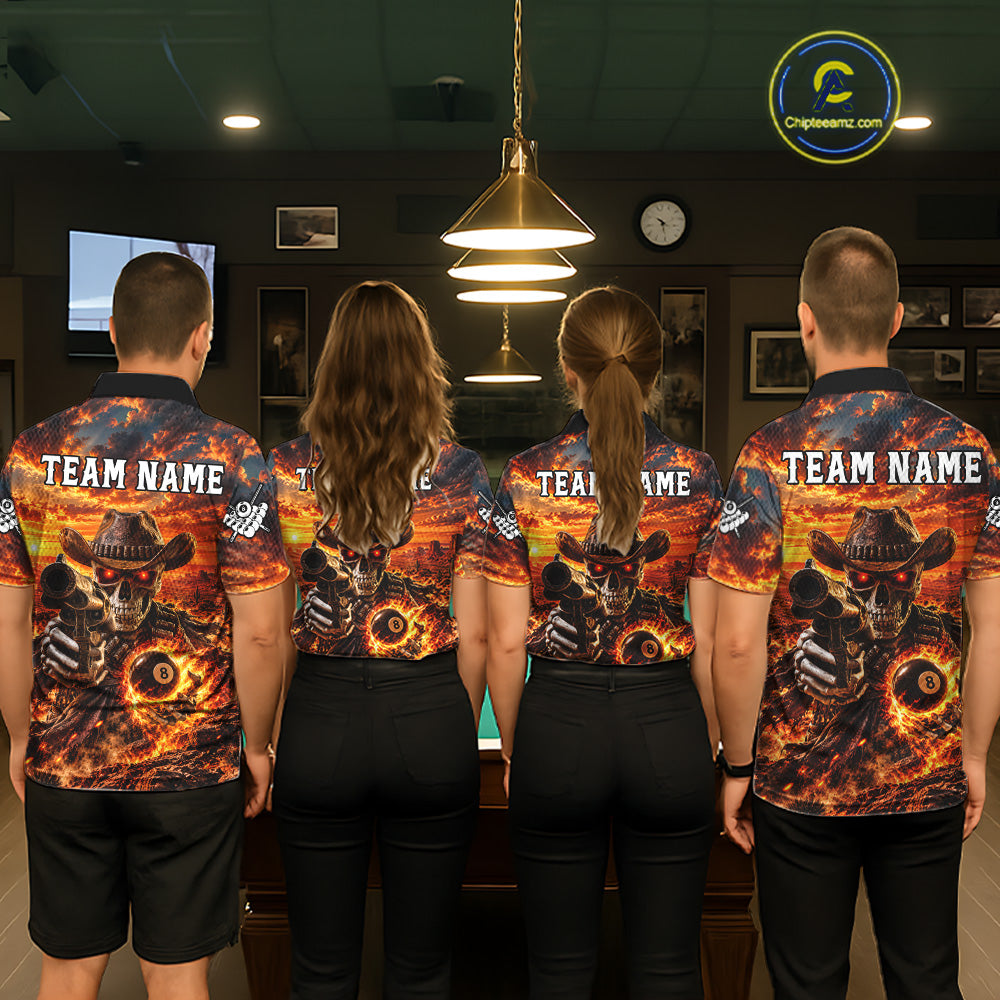 Custom Funny Cowboy Skull 8-Ball Billiard Jersey For Men Skeleton Sunset Pool Team Billiard Shirt NYN4778