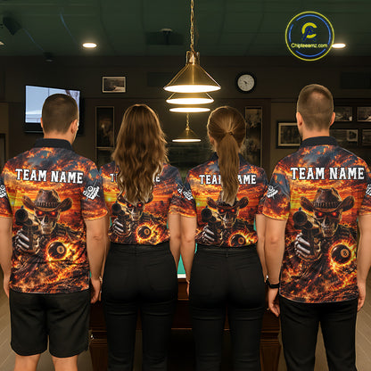 Custom Funny Cowboy Skull 8-Ball Billiard Jersey For Men Skeleton Sunset Pool Team Billiard Shirt NYN4778
