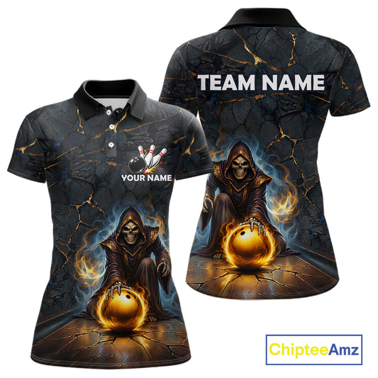 Flame Grim Reaper Custom Women Bowling Polo & Quarter-Zip Shirts Gold Bowling Ball League Jerseys NYN3011