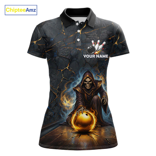 Flame Grim Reaper Custom Women Bowling Polo & Quarter-Zip Shirts Gold Bowling Ball League Jerseys NYN3011