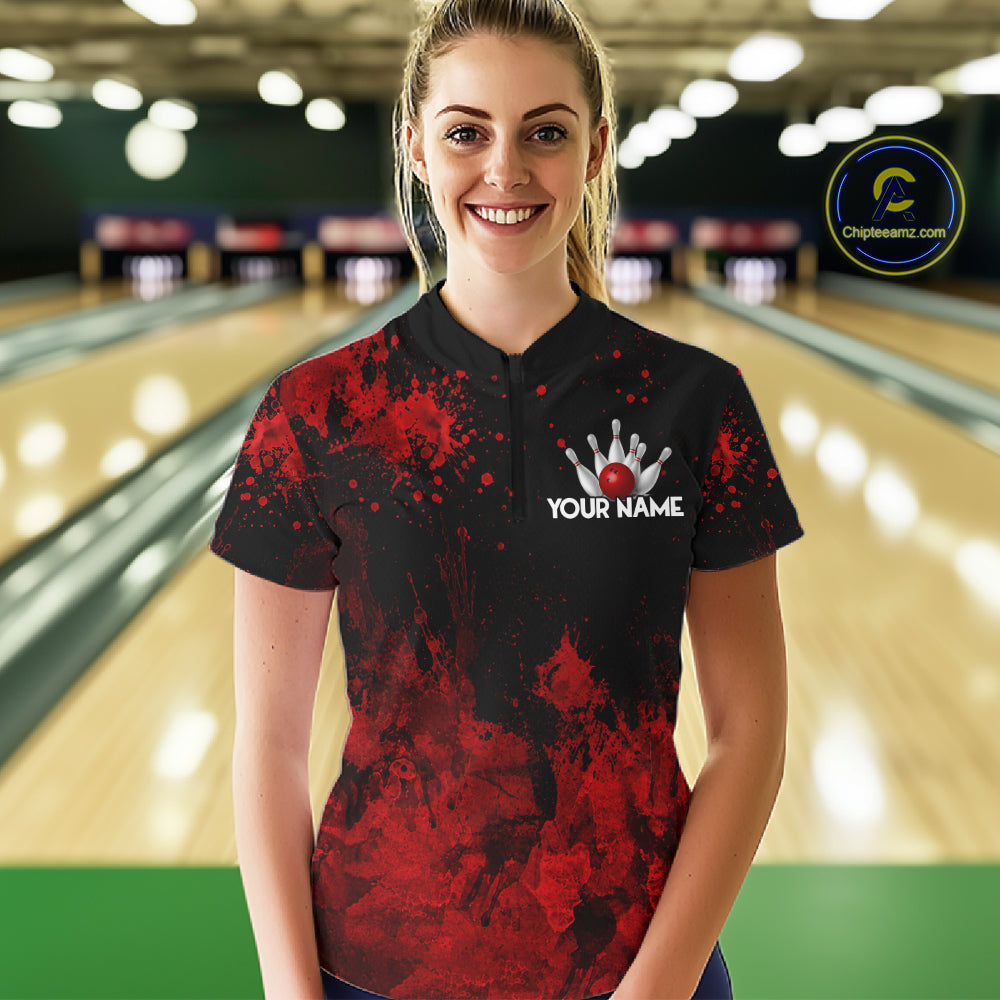 Red Splatter Cute Raccoon Women Bowling Shirts Custom Funny Bowling Pins Team Jerseys For Bowlers NYN3197