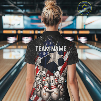 Funny Sad Pins Mascot Patriotic Bowling Jersey For Women Custom Texas - US Flag Bowling Team Shirts NYN3199