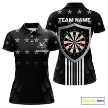 Load image into Gallery viewer, Black &amp; Red US Flag Dartboard - Women's Patriotic Darts Shirt - Custom Name For Players NYN0488