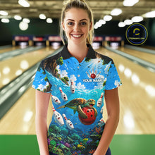 Load image into Gallery viewer, Woman wearing ocean turtle bowling shirt custom bowling apparel