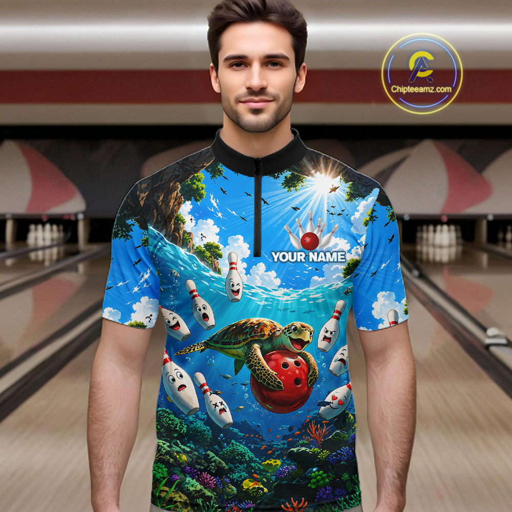 Man wearing ocean turtle bowling shirt custom bowling apparel
