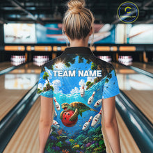 Load image into Gallery viewer, Woman wearing ocean turtle bowling shirt custom bowling apparel